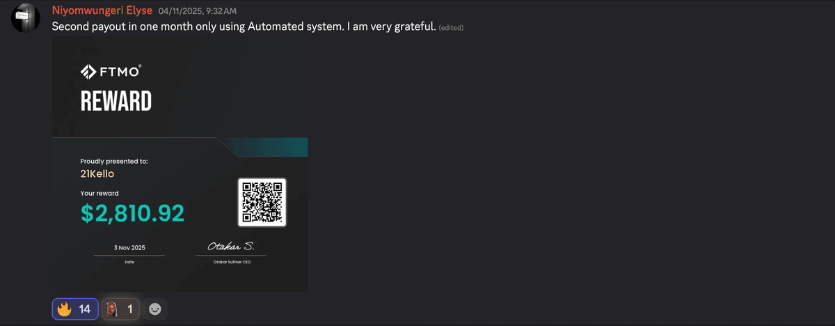 21Kello — FTMO $2,810.92 payout. "Second payout in one month only using Automated system"