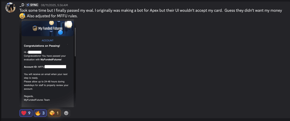 _D SYNC — MyFundedFutures evaluation passed