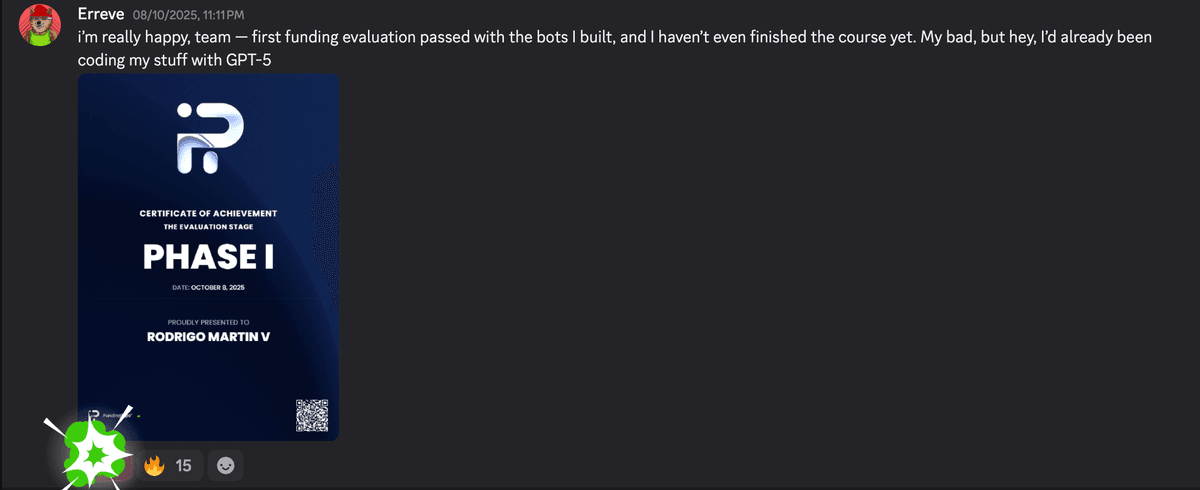 Erreve — Phase I passed. "First funding evaluation passed with the bots I built"