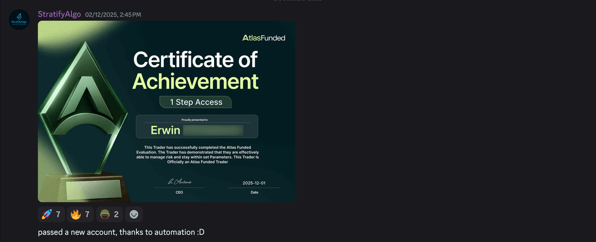 Erwin — AtlasFunded Certificate of Achievement. "Passed thanks to automation"