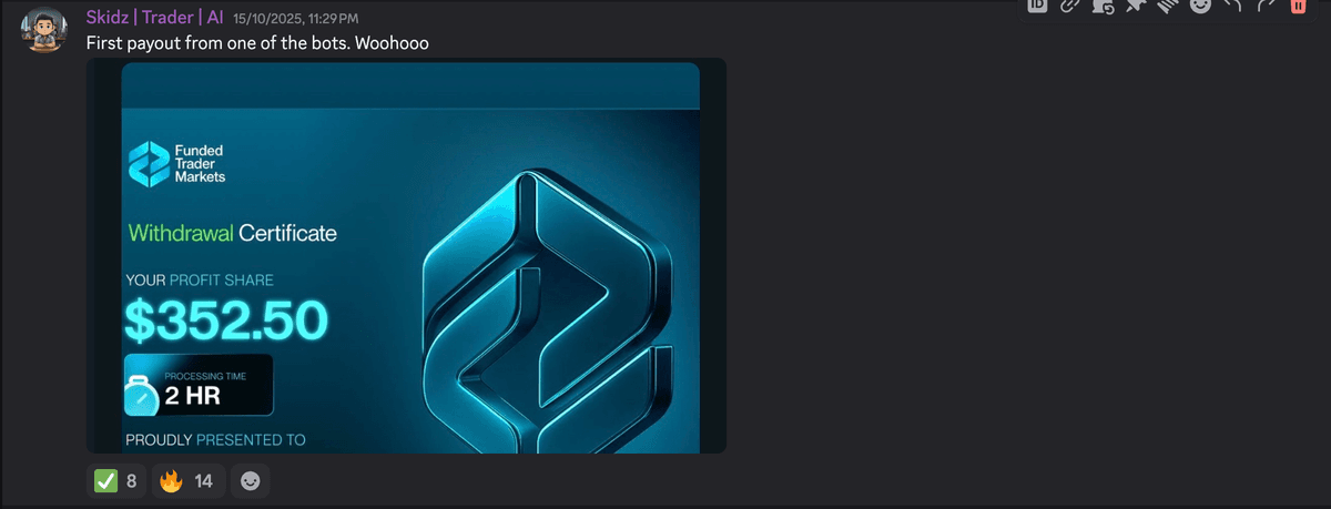 Skidz — Funded Trader Markets $352.50 withdrawal. "First payout from one of the bots"